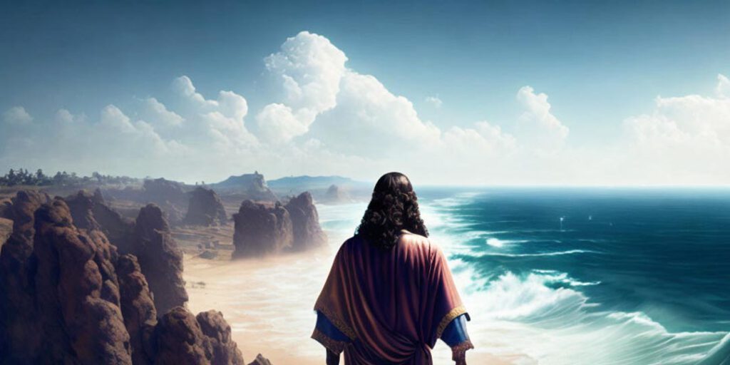 Jesus an einer Landschaft mit Bergen und dem Meer