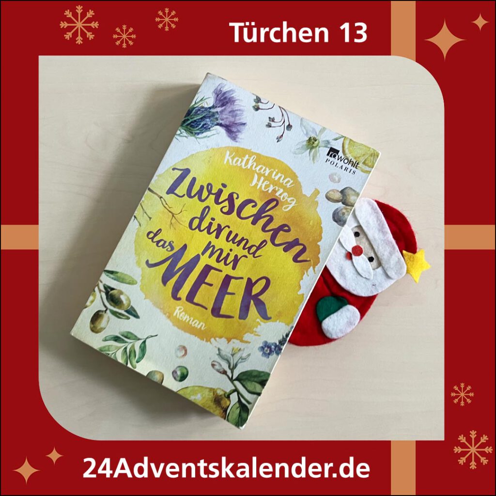 Kalendertürchen 13 mit dem Buchtitel "Zwischen Dir und mir das Meer" der Schriftstellerin Katharina Herzog.