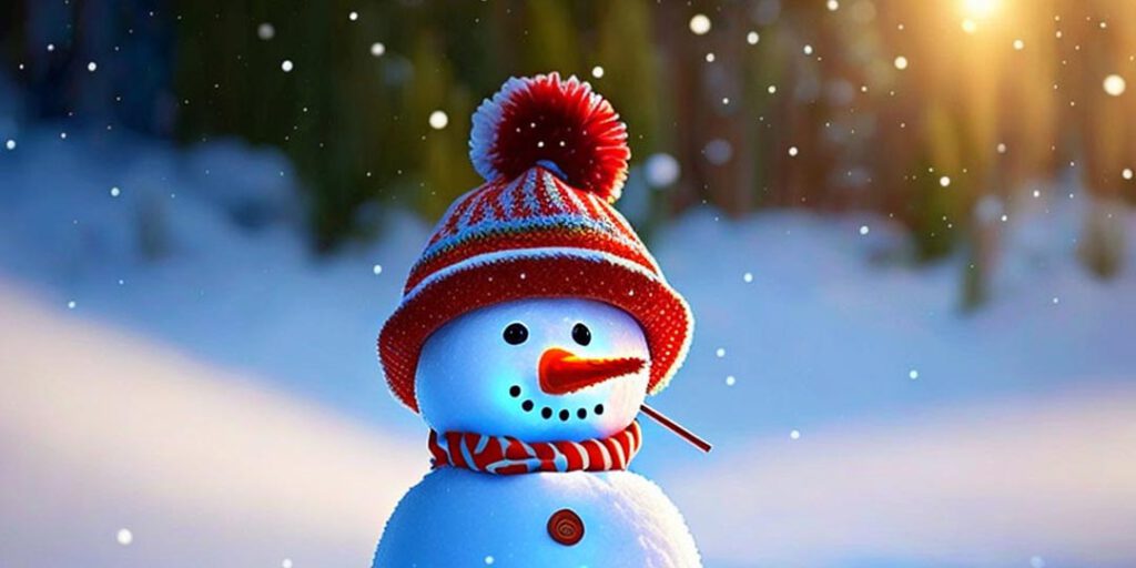 Kleiner Schneemann mit roter Nase beim Schneefall