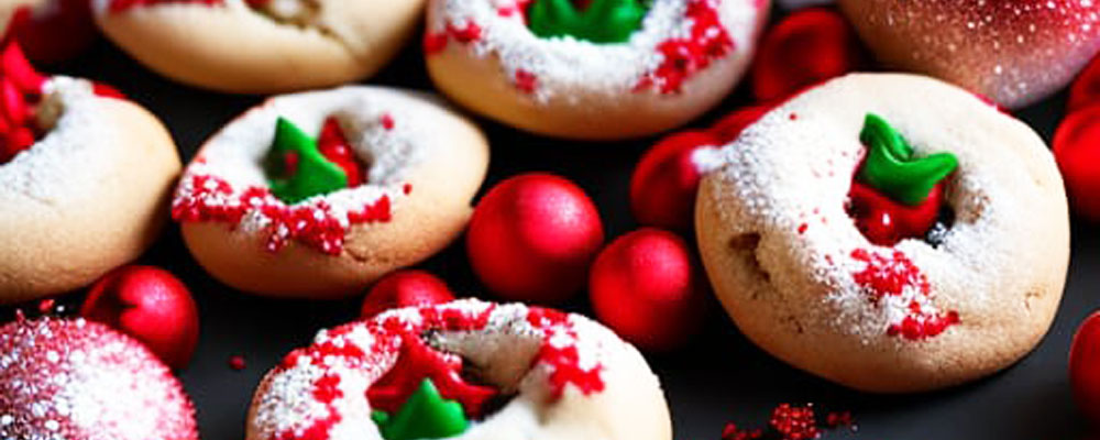 Leckere Plätzchen zu Weihnachten mit Zuckerpuder und rot-grüne Creme.