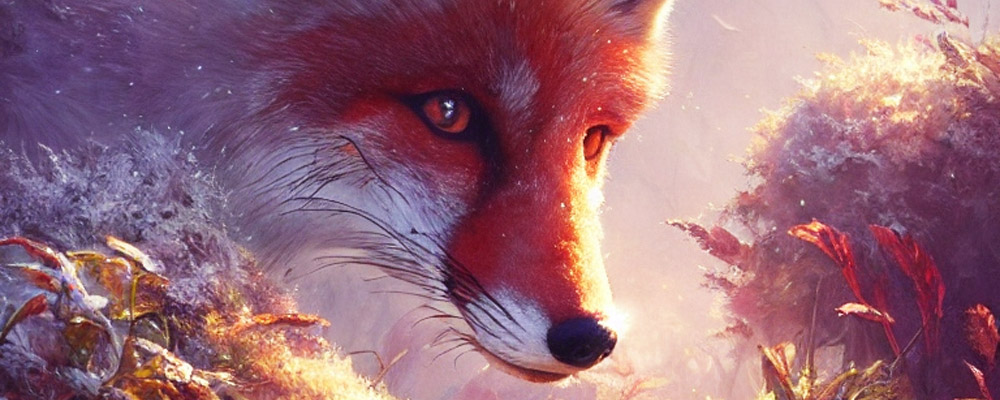 Kopf eines roten Fuchses in einer magischen Landschaft.