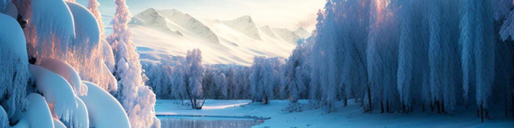 Bild mit einer winterlichen Landschaft am See und Sonne