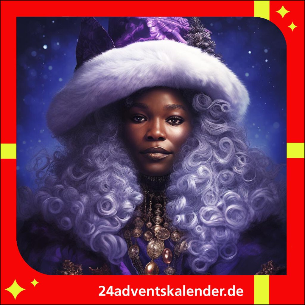 Die KI-Fantasie präsentiert eine Weihnachtsfrau, auch Frau Santa, in Violett und mit einem Afro-Look.
