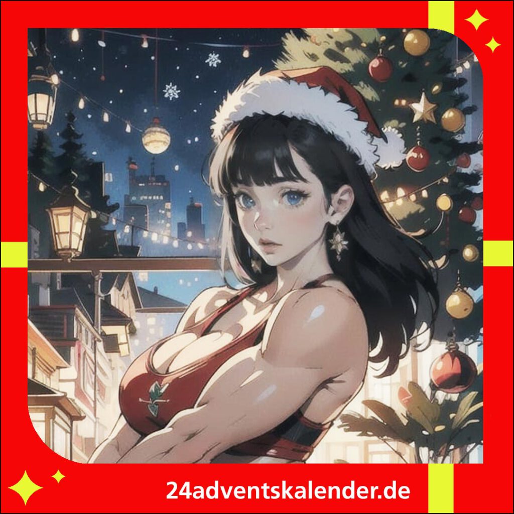 Comic von KI, der eine Weihnachtsfrau mit muskulösen Zügen im Stil eines asiatischen Animes zeigt.