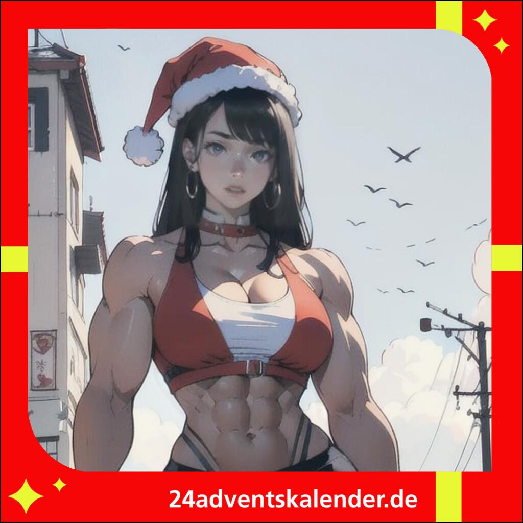 Ein von KI erstellter Comic im Anime-Stil mit einer starken Weihnachtsfrau, die muskulös und mit imposanten Bizeps dargestellt ist