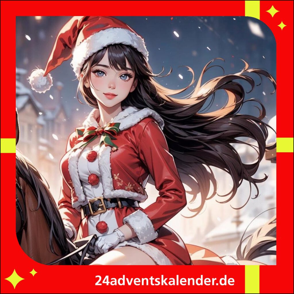 Weihnachtsfrau als asiatische Anime-Comicfigur, die auf einem majestätischen Pferd reitet und Geschenke verteilt