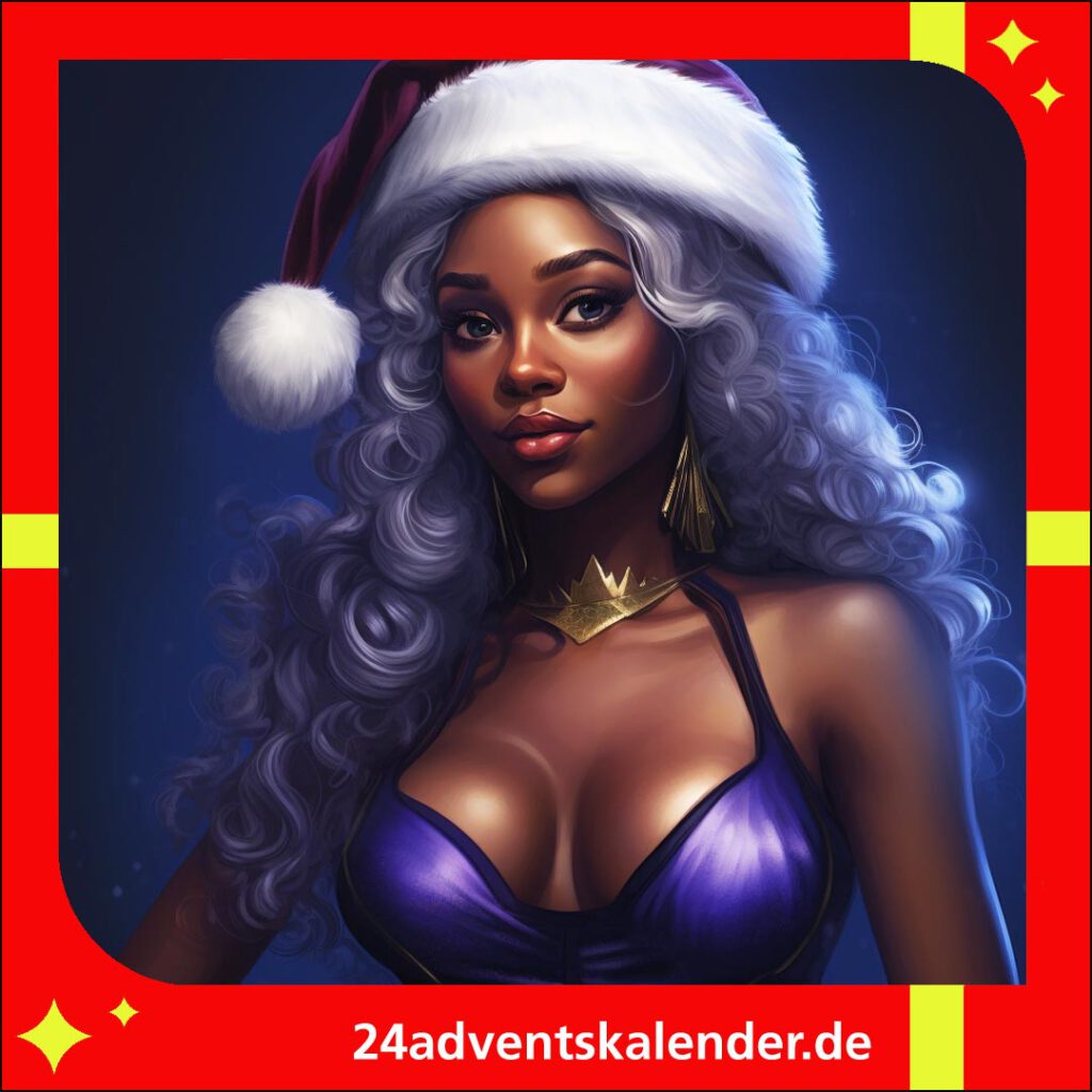 KI Vorstellung von einer Afro Weihnachtsfrau in Bikini in leuchtendem Violett am Strand