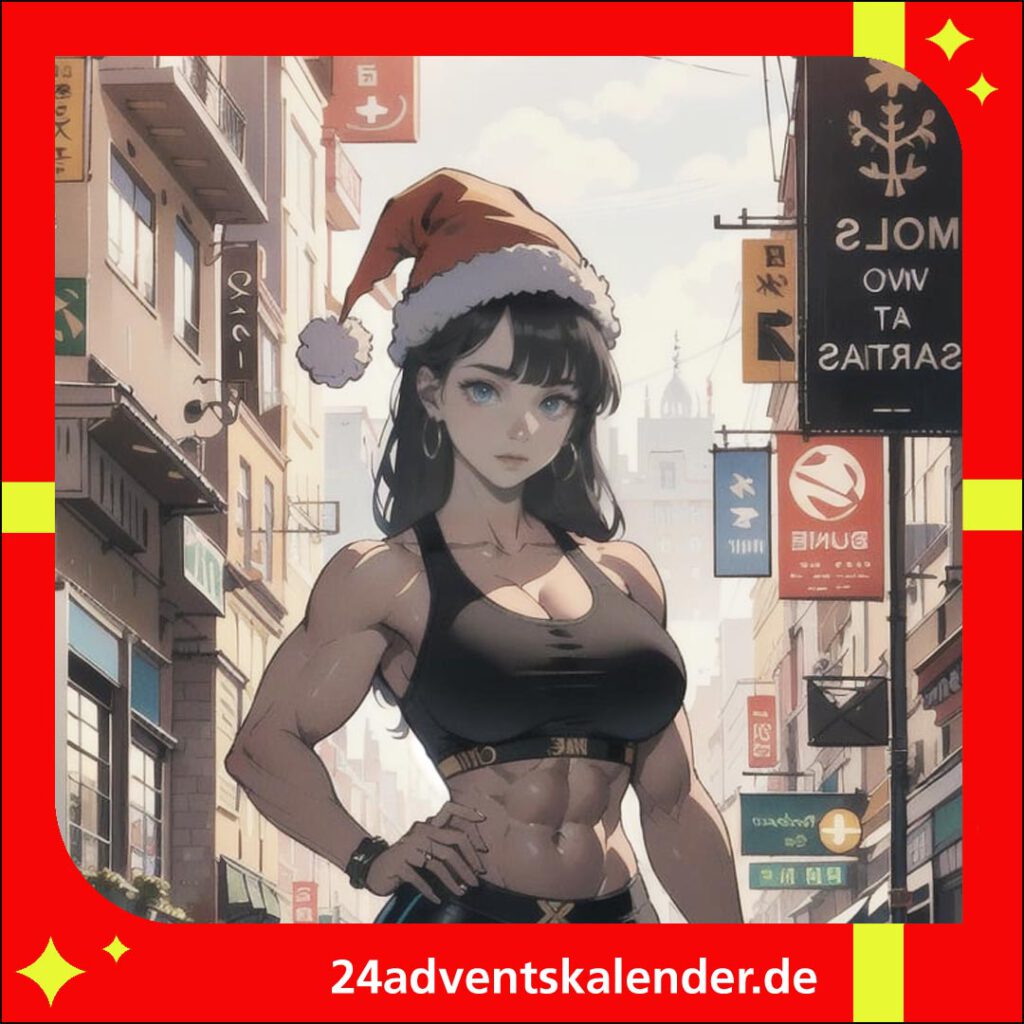 Anime von KI dargestellte Weihnachtsfrau in der Stadt, muskulös, mit roter Mütze und festlicher Kleidung