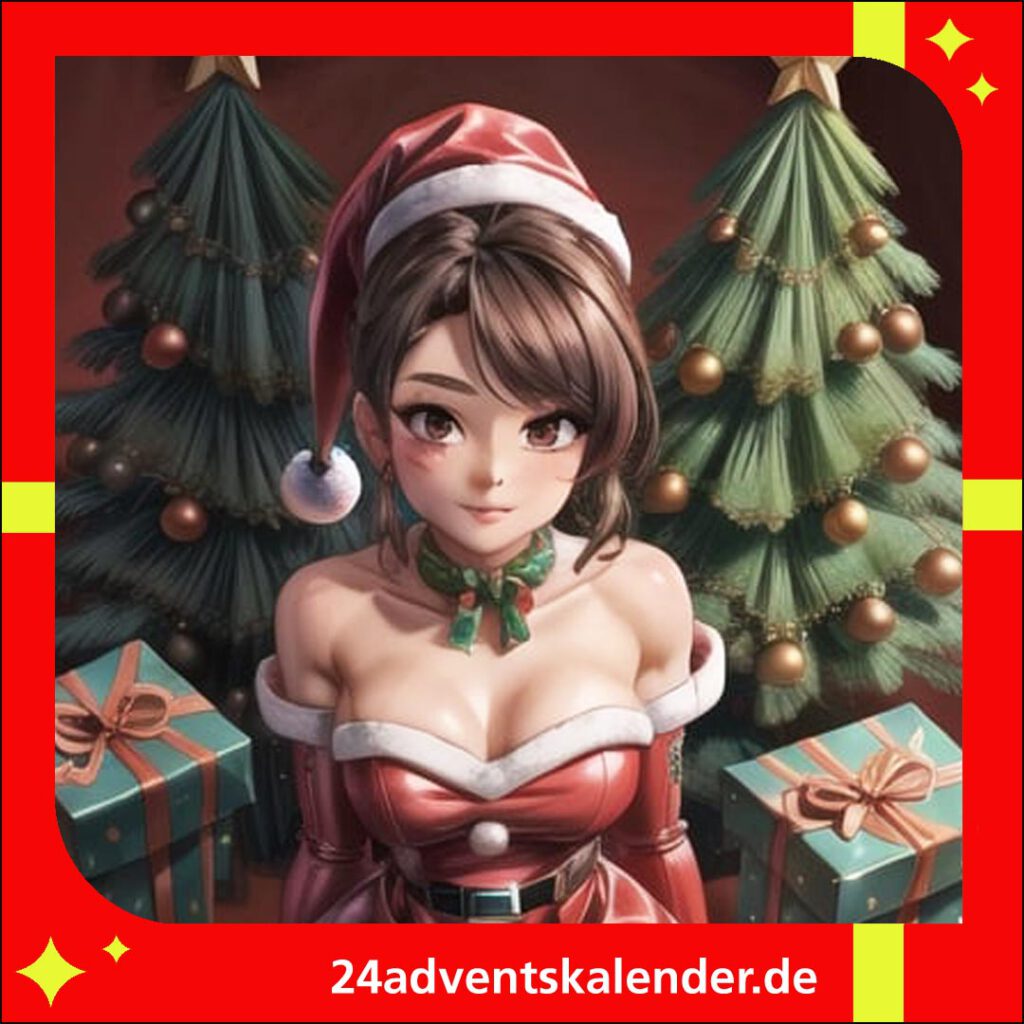 Sexy Frau aus Asien von KI entworfene Weihnachtsfrau mit Geschenken und einem festlich geschmückten Tannenbaum