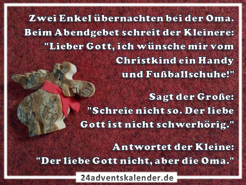 Scherz über Enkel am Abendgebet und Christkind, die gemeinsam für zauberhafte Weihnachtsmomente sorgen.