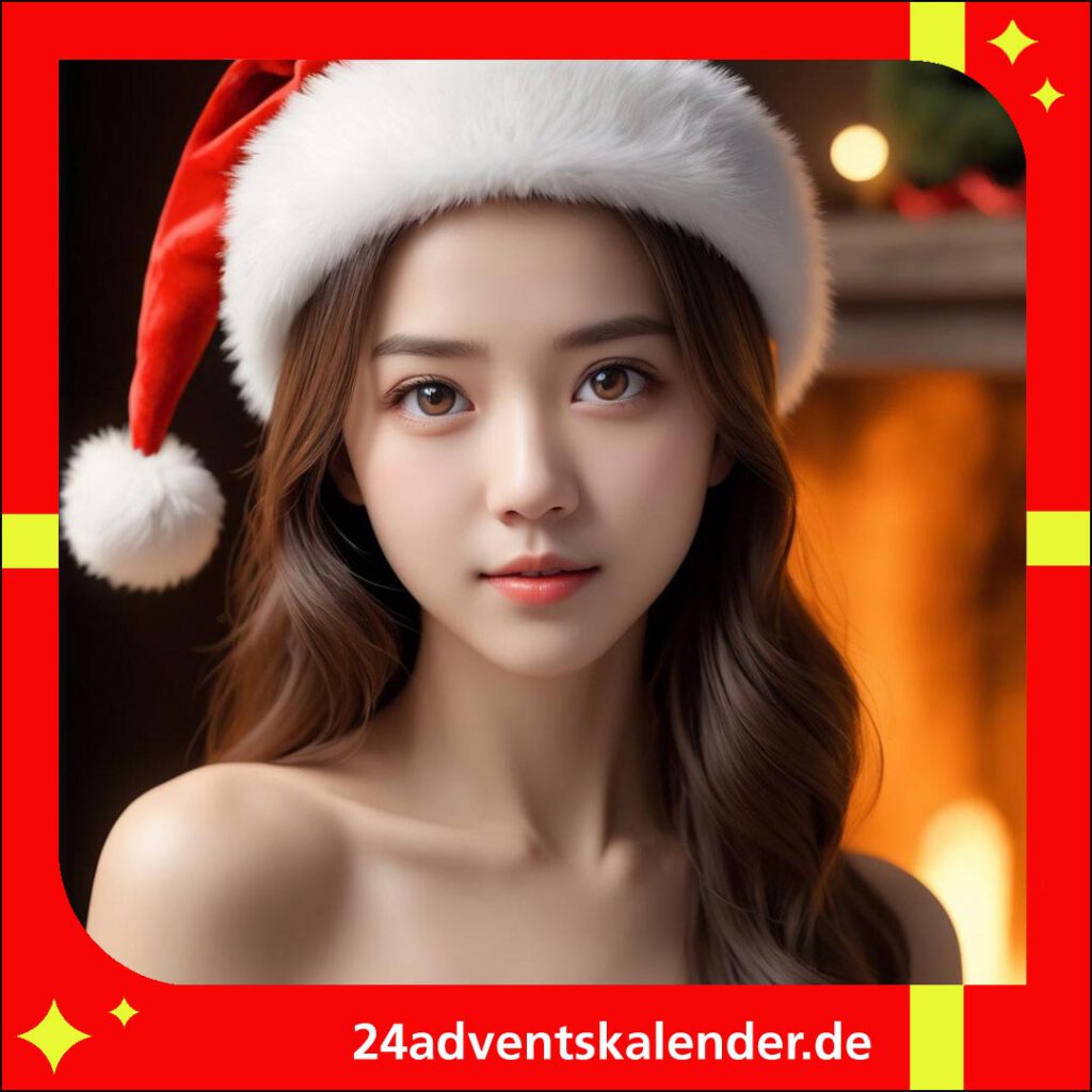 Asiatische Frau in einer stilvollen Nikolausmütze für die Weihnachtsfeier.