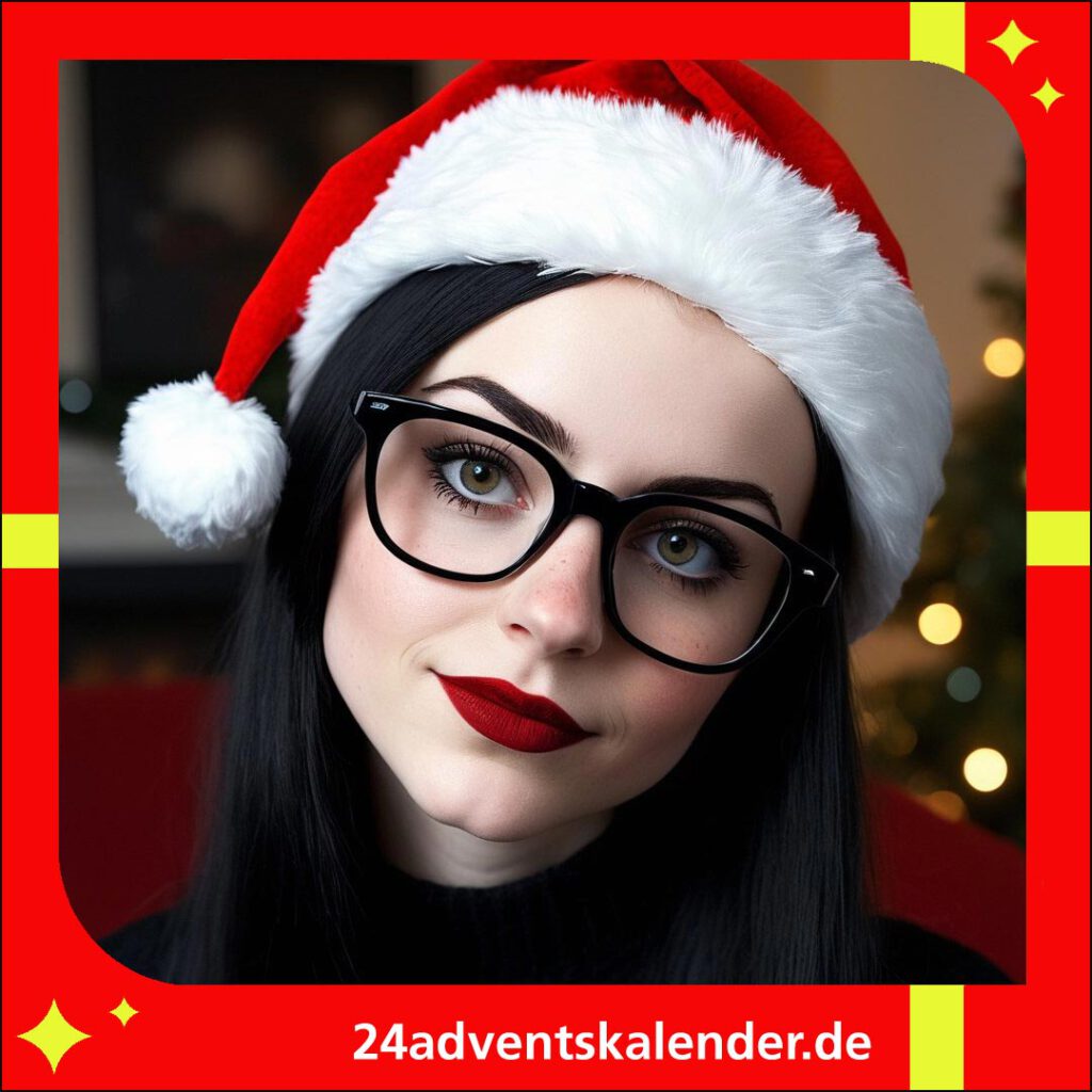 Frau mit Brille und festlicher Nikolausmütze genießt Weihnachten.