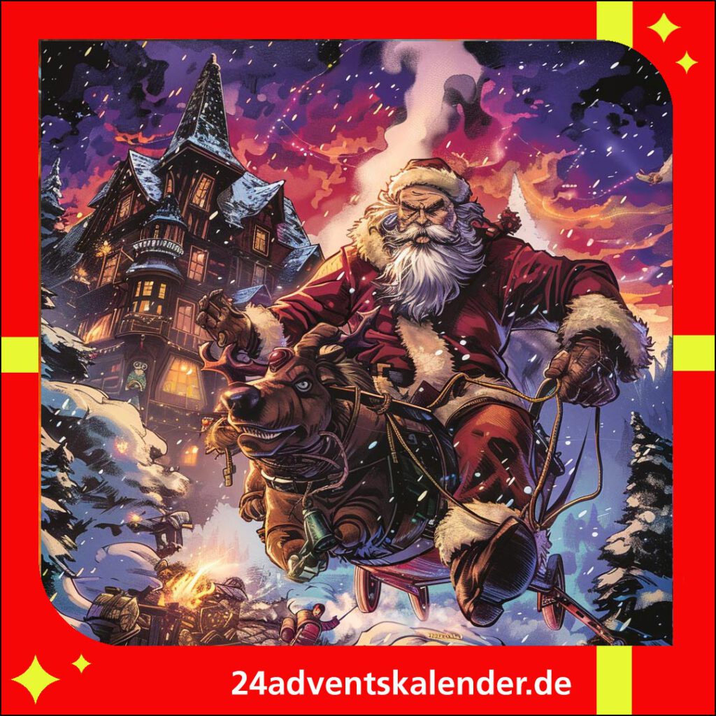 Ein Weihnachtsmann im Schlitten im verschneiten Winterwunderland, so wie ihn die künstliche Intelligenz sieht.