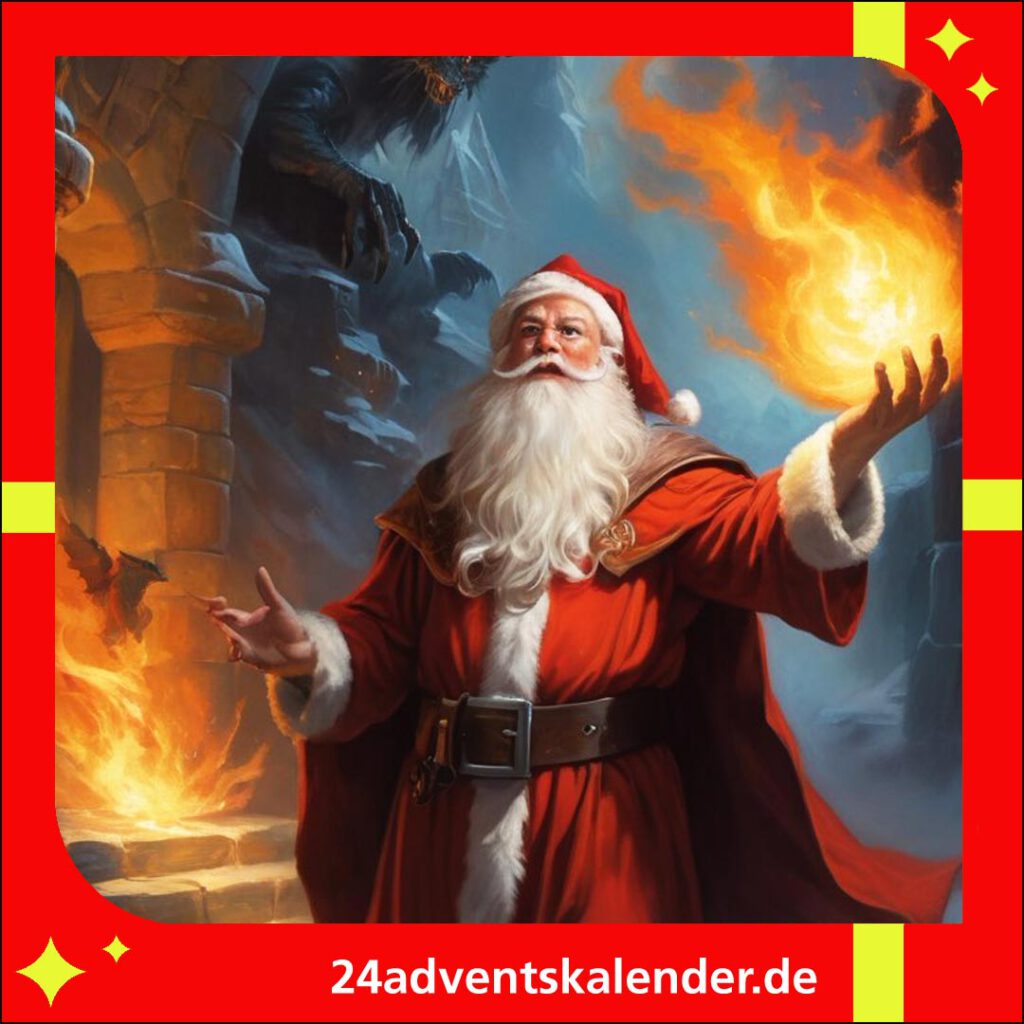 Ein epischer Weihnachtsmann, der im flammenden Feuer steht, entworfen von künstlicher Intelligenz.