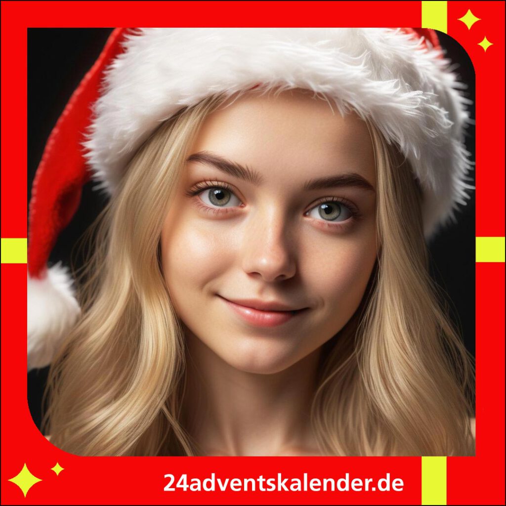 Fröhliches blondes Mädchen im Weihnachtsmannkostüm und Mütze.