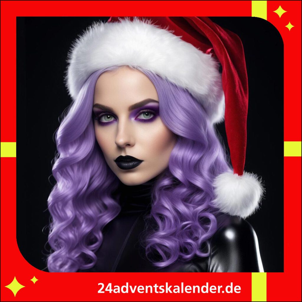 Gothic-Mädchen in Weihnachtsmannmütze, bereit für die Festlichkeiten.