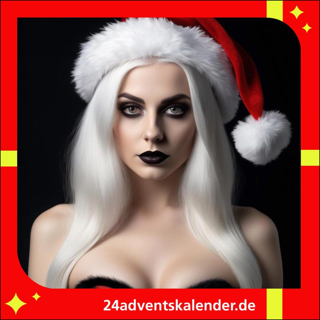 Frau im Gothic-Stil, festlich mit roter Mütze zu Weihnachten.