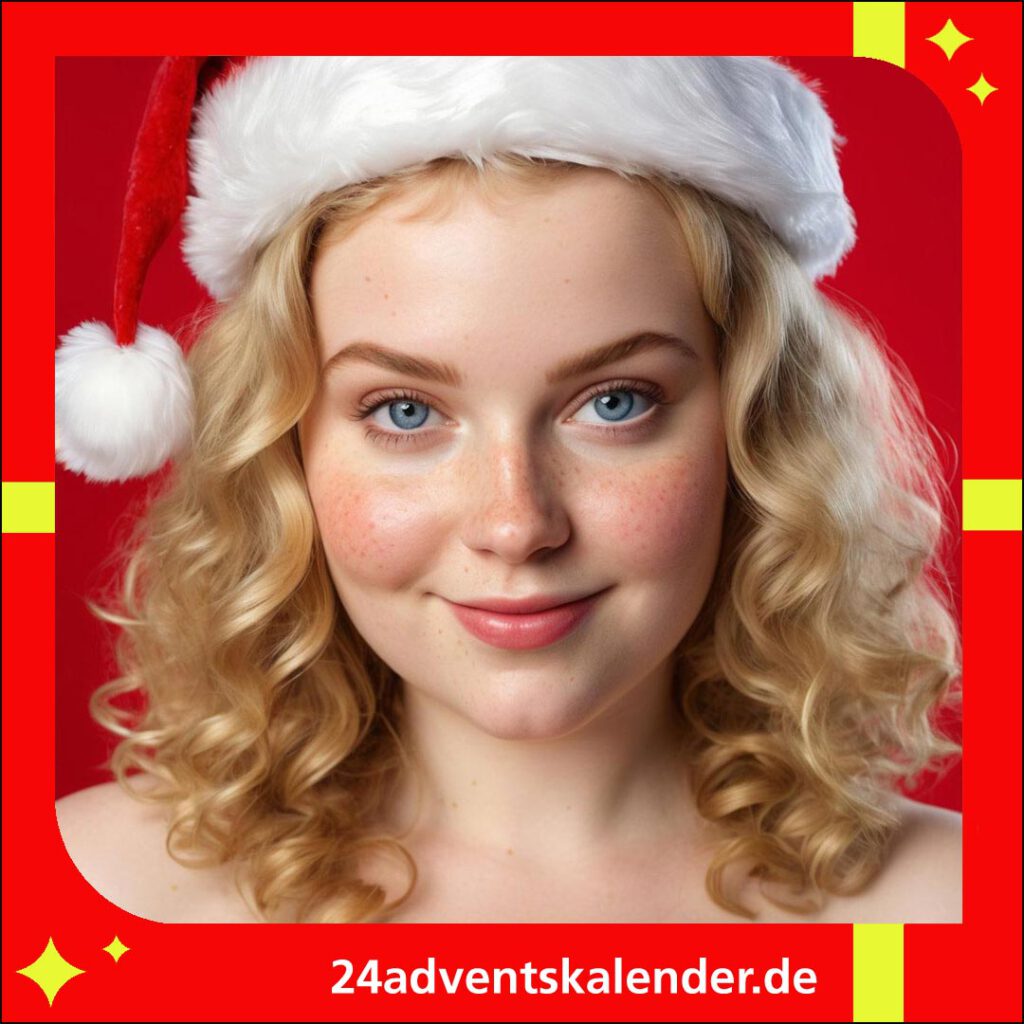 Weihnachtsmannkostüm und Mütze für eine blonde Frau zu Weihnachten.