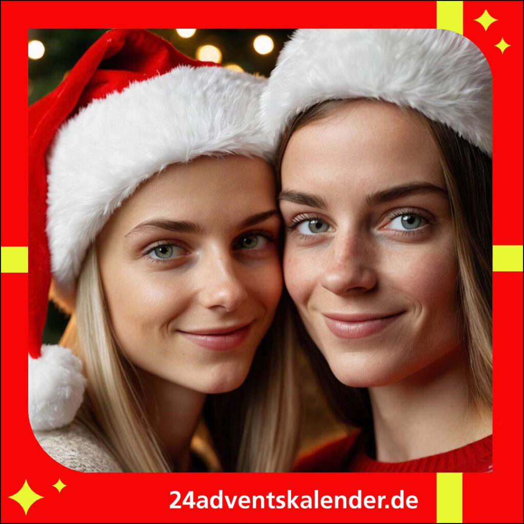 Freundinnen suchen warme Weihnachtsmannmützen für das Weihnachtsfest.