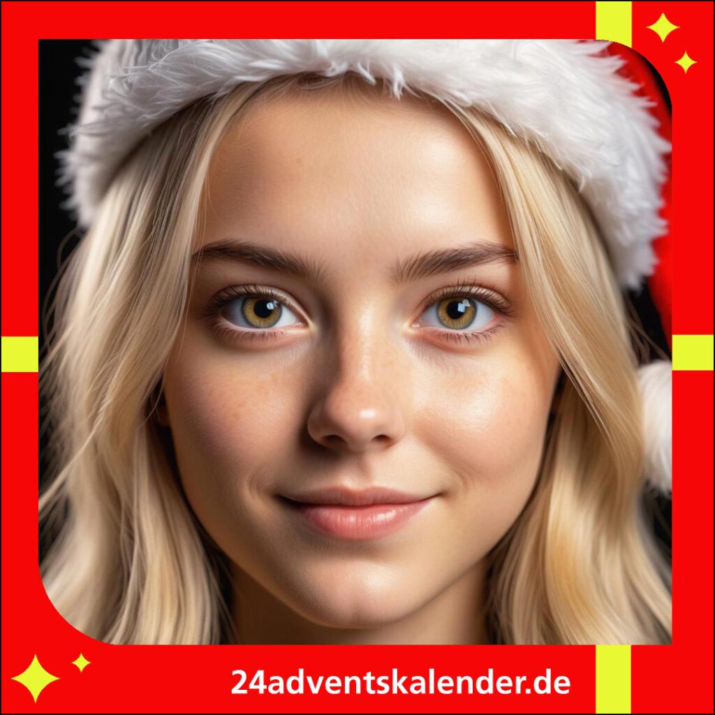 Blondine in Weihnachtsmütze feiert fröhlich auf der Party zu Weihnachten.