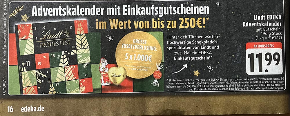Adventskalender von Lindt mit Gutscheinen bei Edeka zu kaufen